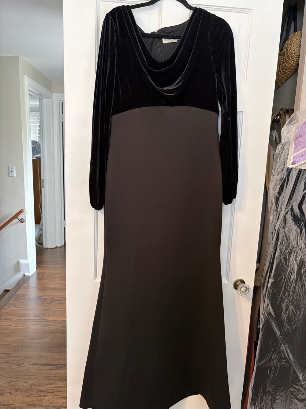Eliza J Black Velvet-Top Long Sleeve Evening Gown